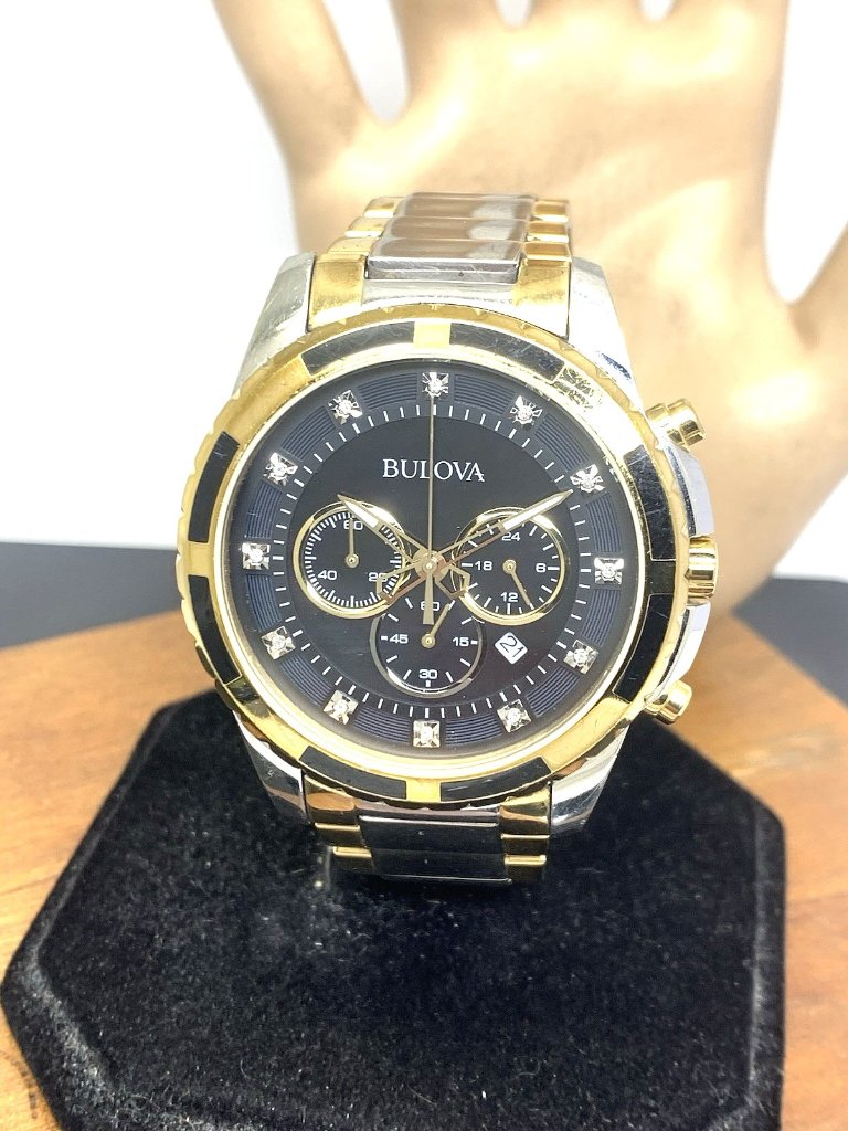 Bulova Mens Watch 98d132 Quartz Chronograph Diamond Black Dial Two Tone Steel